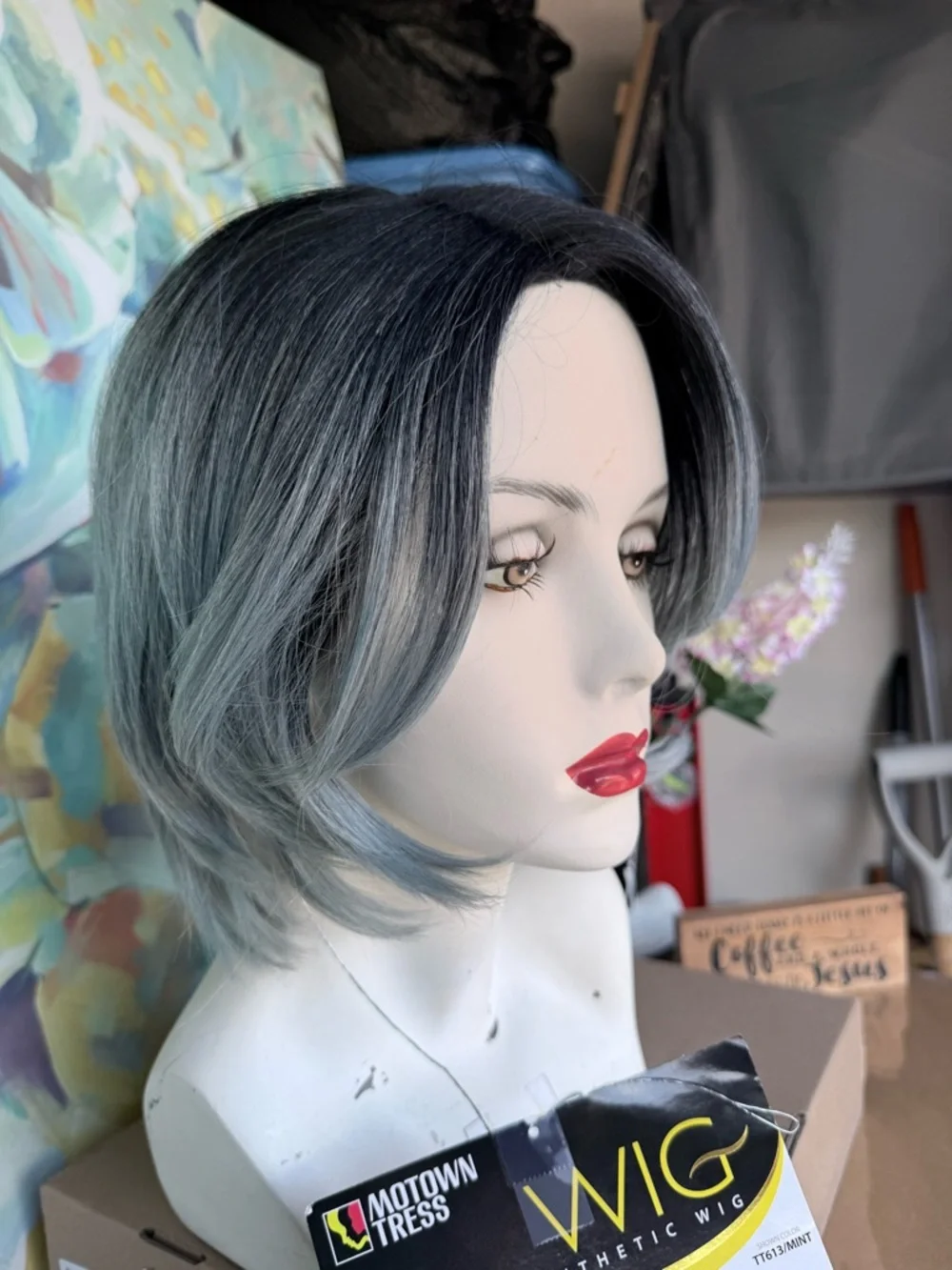 Short Layered Bob Wig in Ash Blue-Gray - Picture 3 of 10